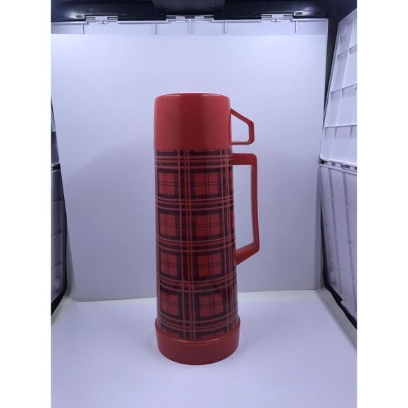 Aladdin pint  Thermos Red & Black Plaid Checkered complete plastic - Picture 1 of 11